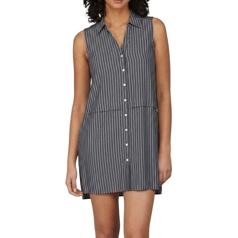Ellen Tracy Button Front Shirt Dress Size MED Striped Sleeveless Charcoal Gray